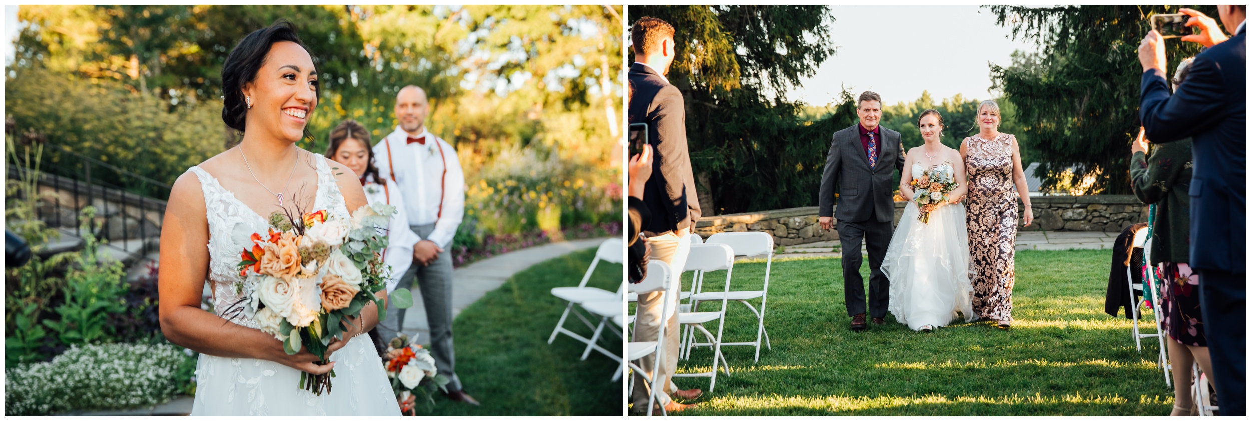 Brides walking down the aisle during outdoor ceremony at New England Botanic Garden at Tower Hill in Massachusetts